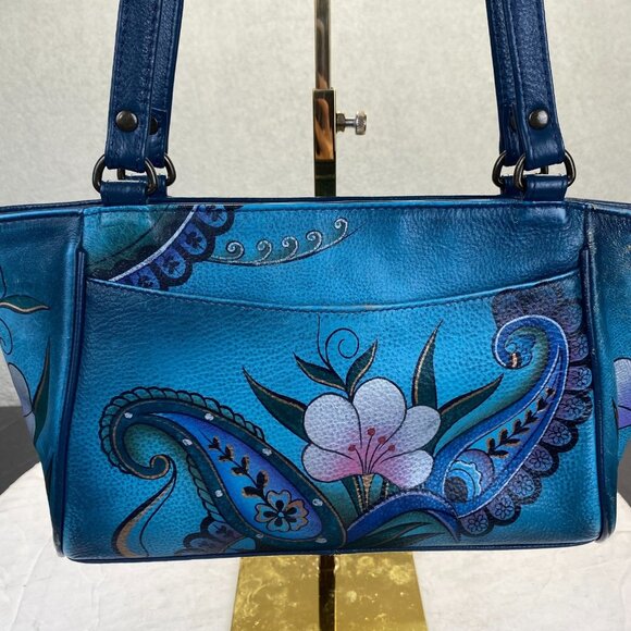 Gorgeous Anuschka Bag. Hand Painted Shoulder Bag. Blue And Rose Pattern. - Picture 11 of 16